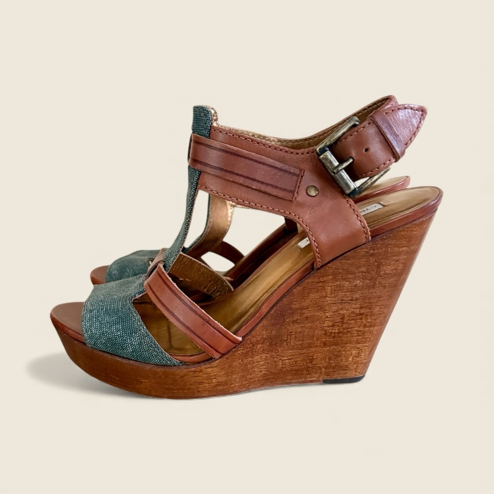 Cynthia Vincent Brown T-Strap Wooden Wedges